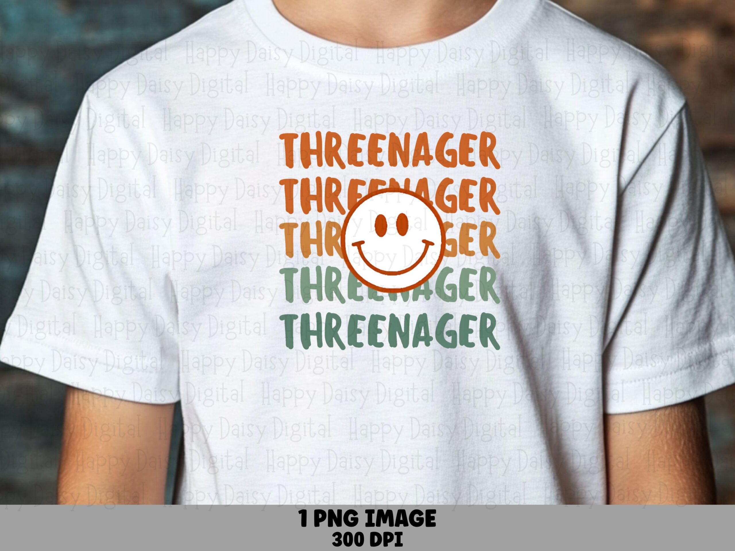 Threenager Png, Retro Stacked Smiley Design For 3rd Birthday, Sublimation DTF Artwork | 300 DPI | Transparent