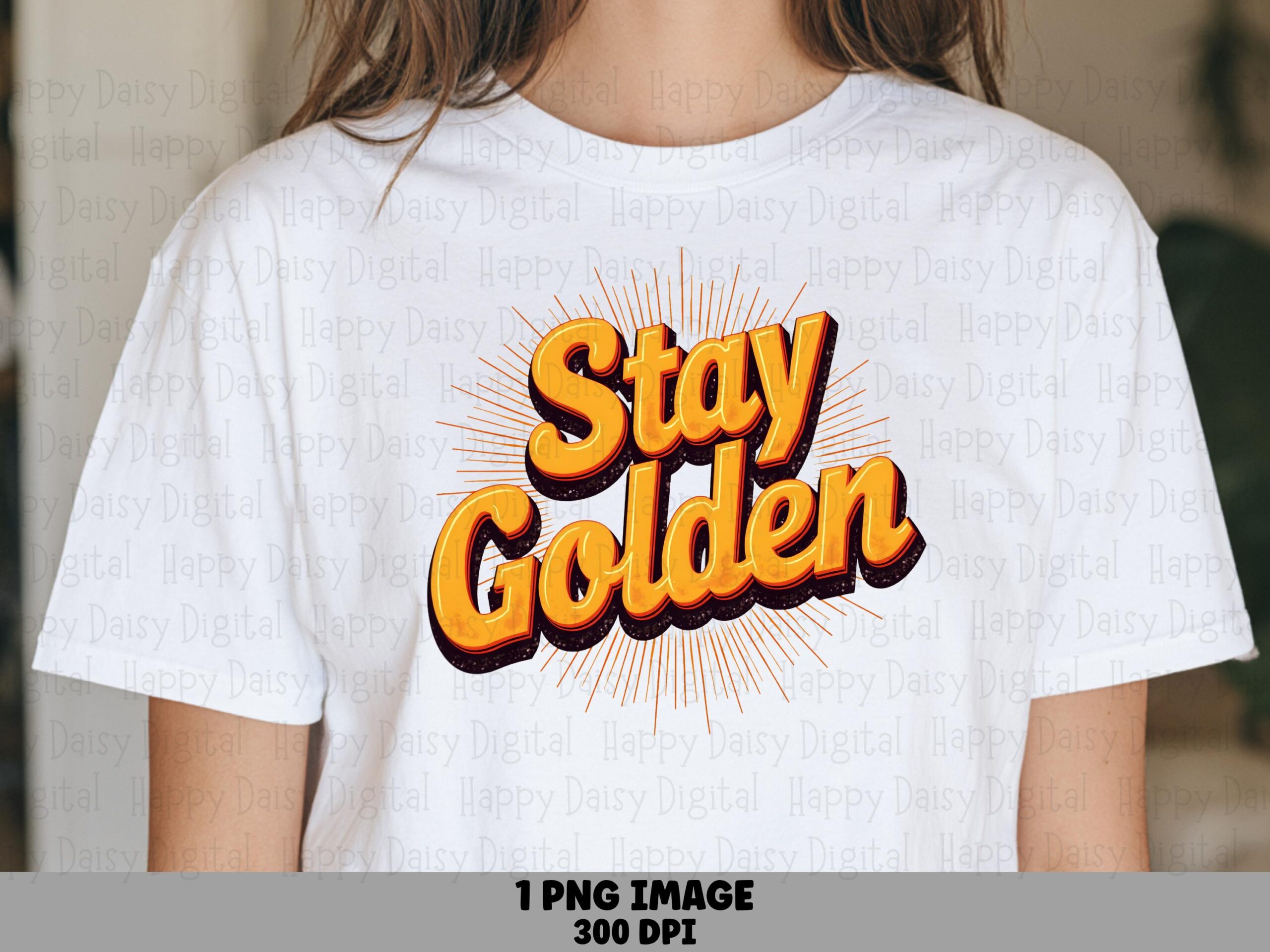 Stay Golden PNG, Retro Sunburst Design - Orange Gold 3D Lettering, Transparent 300 DPI File | Commercial Use