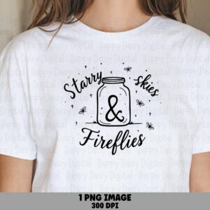 Starry Skies, Mason Jar Line Art PNG | Fireflies Summer Night Design, Sublimation DTF | 300 DPI