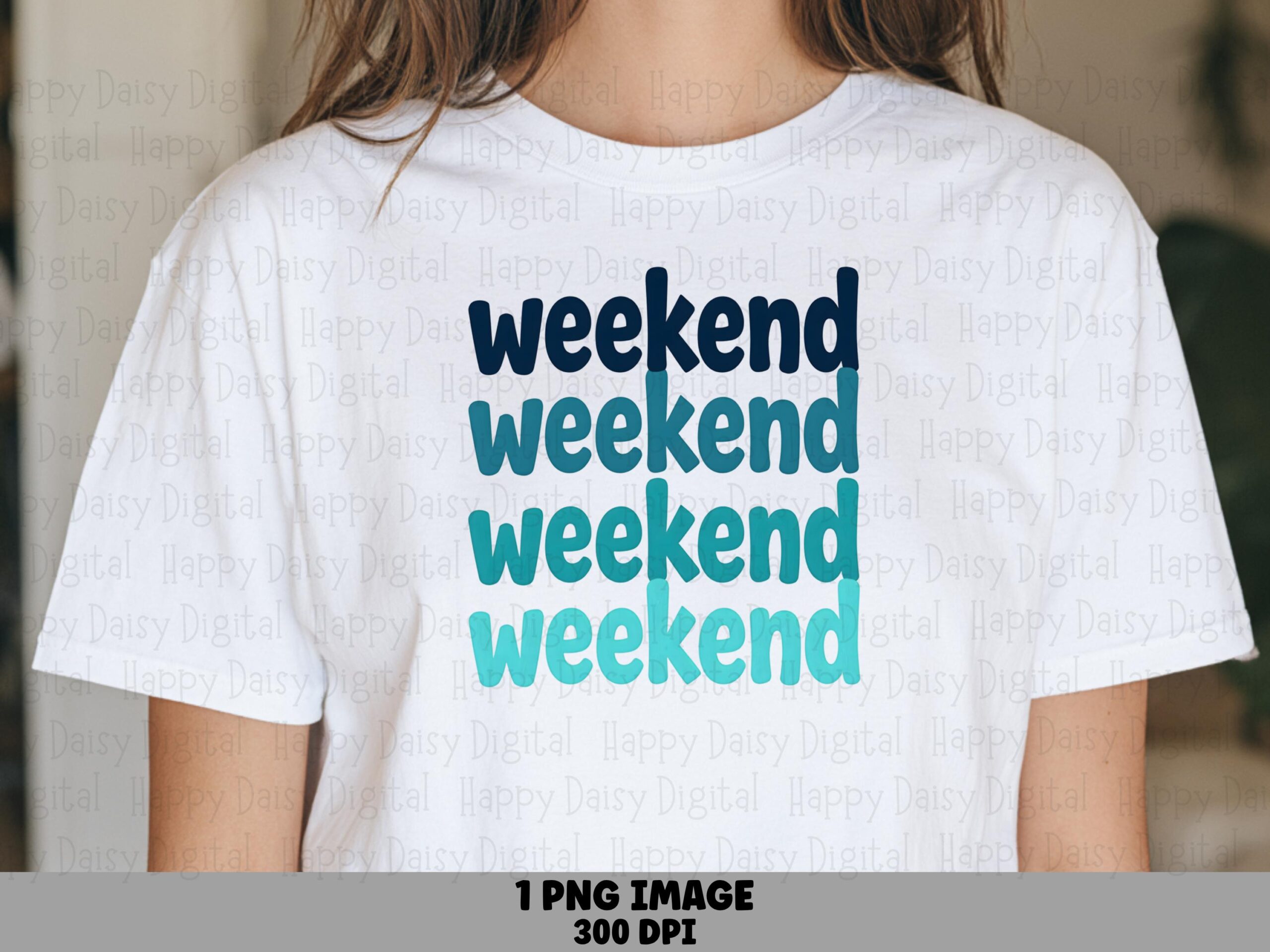 Weekend PNG, Retro Stacked Text | Teal-To-Blue Gradient, 300 dpi Commercial License, For Sublimation DTF POD