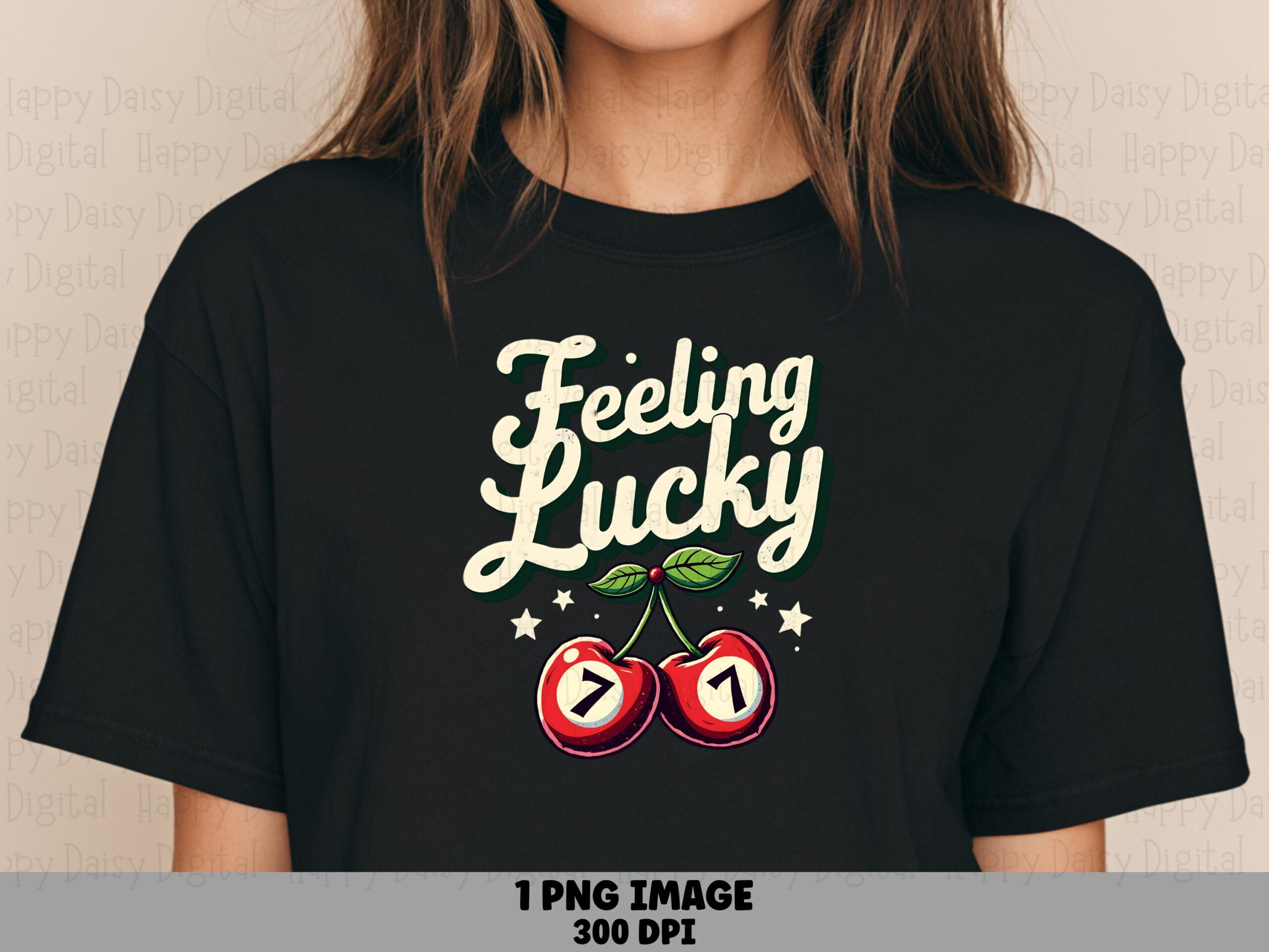Feeling Lucky PNG, Casino Cherry Design, Cream Script Seven Cherries - Sublimation, DTF, Commercial Use