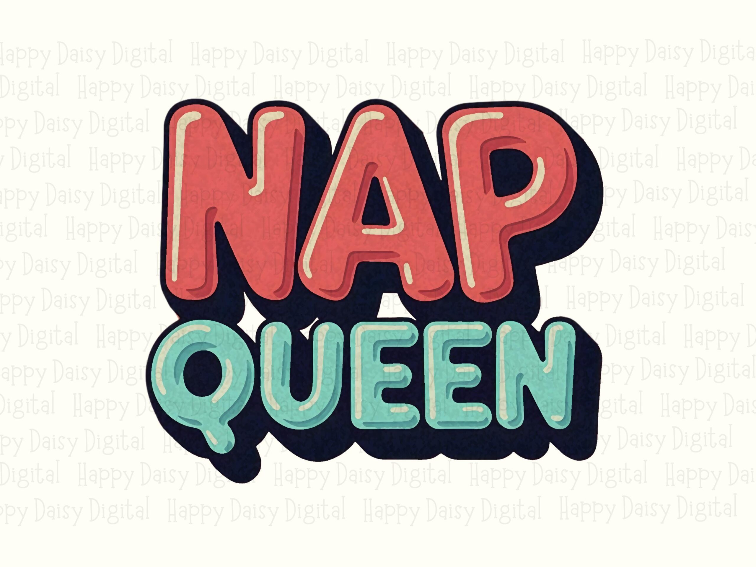 Nap Queen PNG, Retro Coral Teal 3D Bubble Lettering, Sublimation DTF Design - Transparent, 300 DPI - Image 2