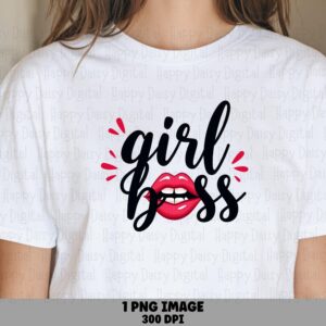 Girl Boss PNG, Script Font Design, Red Lips Accent | Sublimation Compatible | DTF Ready, Transparent Download