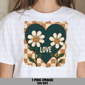Love PNG, Retro Daisy Smiley - Green Heart Checkerboard | Sublimation DTF File, Commercial Use