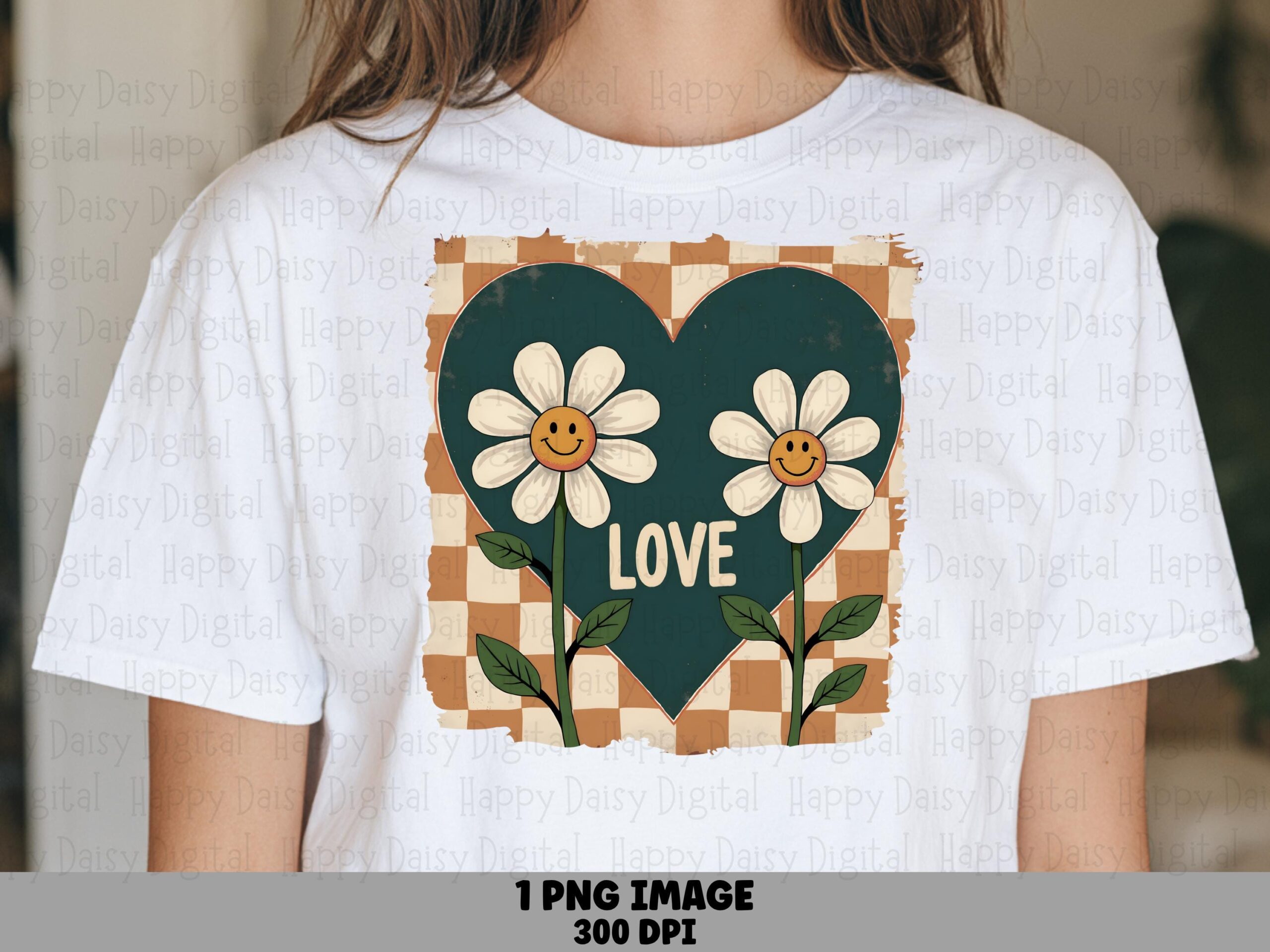Love PNG, Retro Daisy Smiley - Green Heart Checkerboard | Sublimation DTF File, Commercial Use