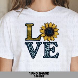 Love PNG, Sunflower Leopard Print Sublimation Design - Transparent 300 dpi File | DTF, POD, Commercial Use