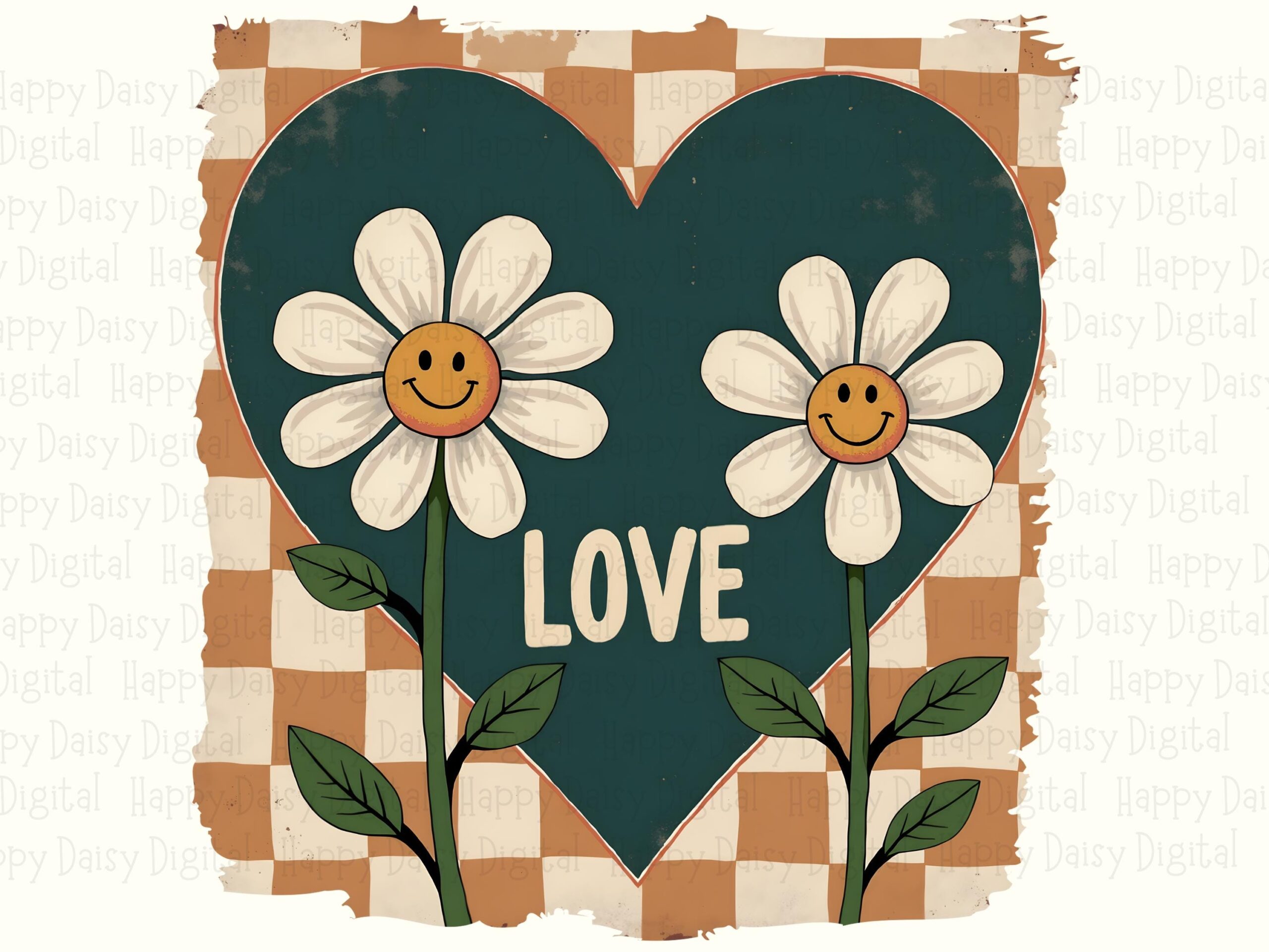 Love PNG, Retro Daisy Smiley - Green Heart Checkerboard | Sublimation DTF File, Commercial Use - Image 2