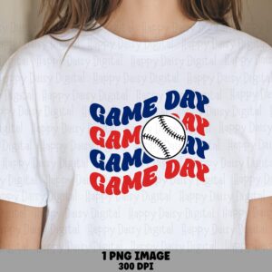 Game Day, Retro Wavy Text PNG | Sublimation Graphic, Red Navy Baseball Stripe, Commercial License, 300 DPI