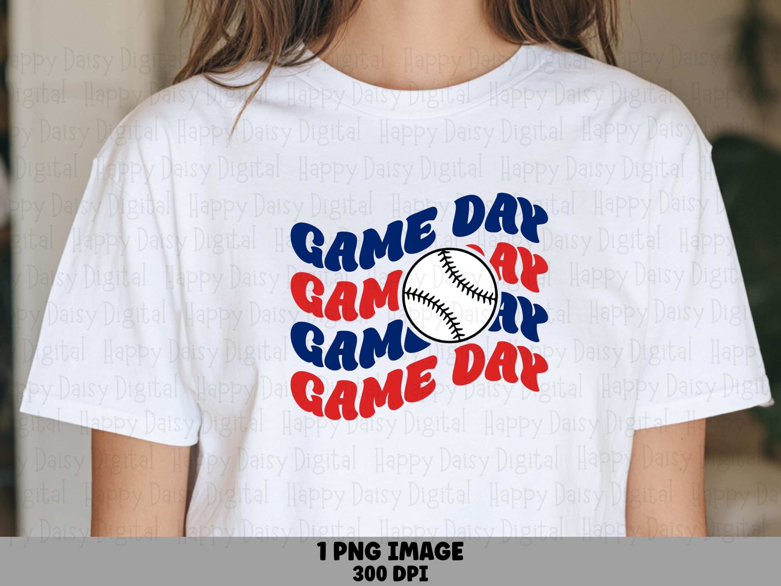 Game Day, Retro Wavy Text PNG | Sublimation Graphic, Red Navy Baseball Stripe, Commercial License, 300 DPI
