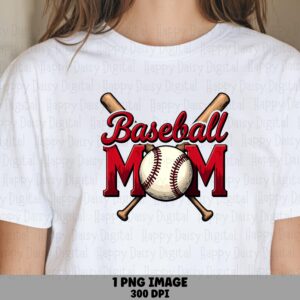 Baseball Mom, Red Block Text PNG, Crossed Wooden Bats | Sublimation, Commercial Use, 300 DPI