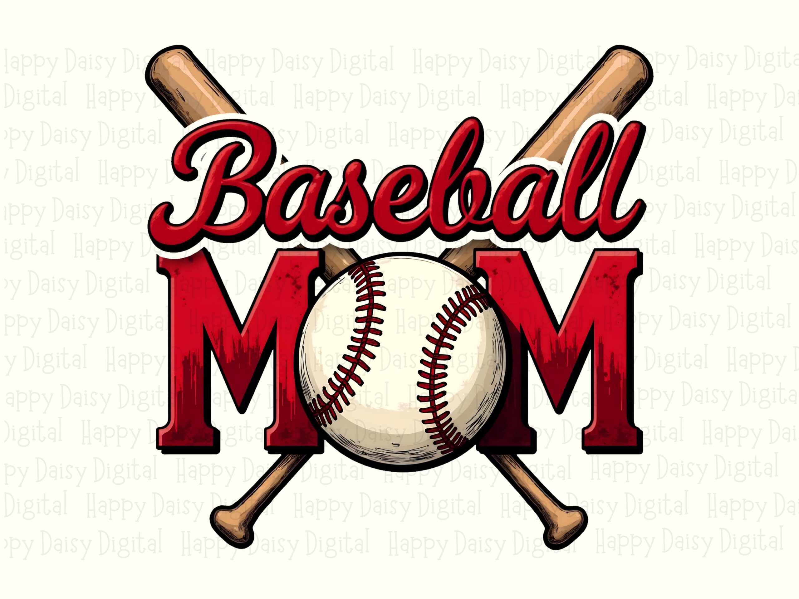 Baseball Mom, Red Block Text PNG, Crossed Wooden Bats | Sublimation, Commercial Use, 300 DPI - Image 2