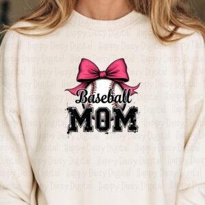 Baseball Mom Bow PNG, Pink Graphic, Stitched Ball Clipart, Distressed Text | 300 DPI, Print Ready, Commercial Use