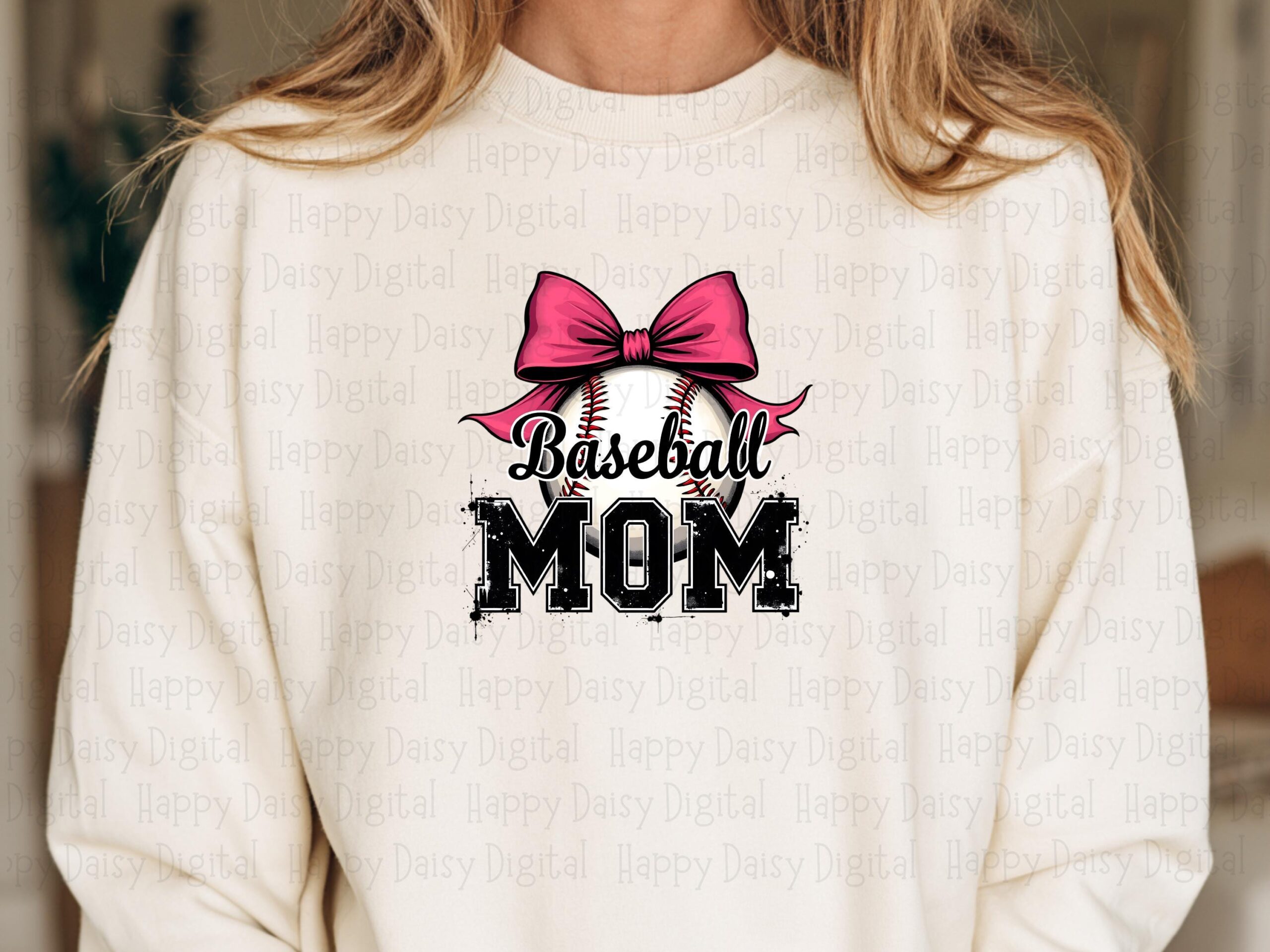Baseball Mom Bow PNG, Pink Graphic, Stitched Ball Clipart, Distressed Text | 300 DPI, Print Ready, Commercial Use