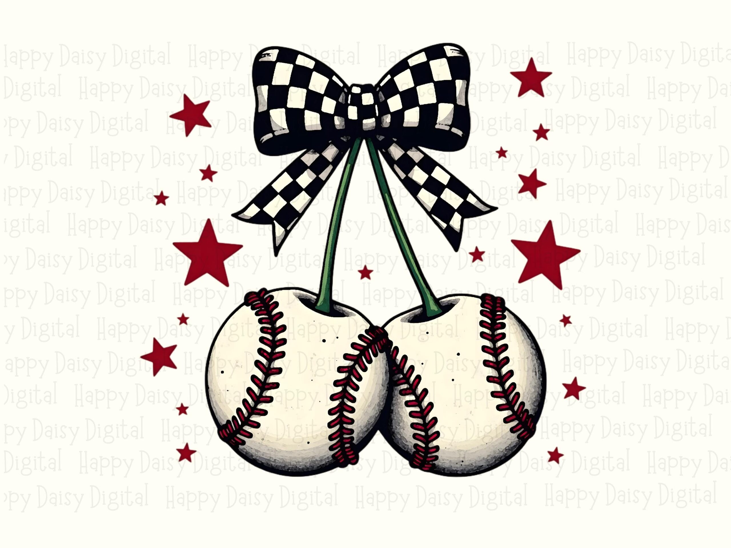 Cherry Bow PNG, Checkered Baseball Cherries Clipart | 300 DPI, Sublimation Commercial Use, POD Sellers - Image 2