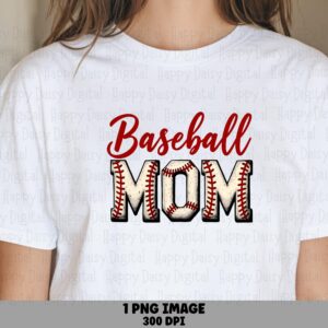 Baseball Mom, Stitched Red Script PNG, Textured Laces Pattern | Sublimation, Commercial Use, 300 DPI