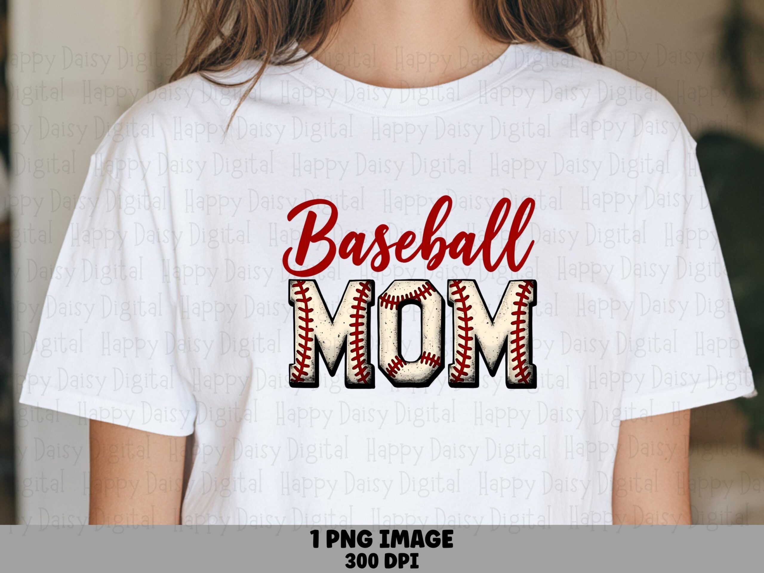 Baseball Mom, Stitched Red Script PNG, Textured Laces Pattern | Sublimation, Commercial Use, 300 DPI
