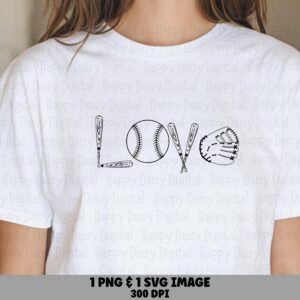 Love Baseball, Line Art Glove | PNG & SVG, Sublimation, Commercial Use - Bat Lettering, Stitched O, 300 DPI