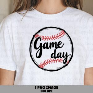 Game Day, Hand-Drawn Baseball Circle PNG | Sublimation Graphic, Red Stitching, Cursive Text, Commercial Use, 300 DPI