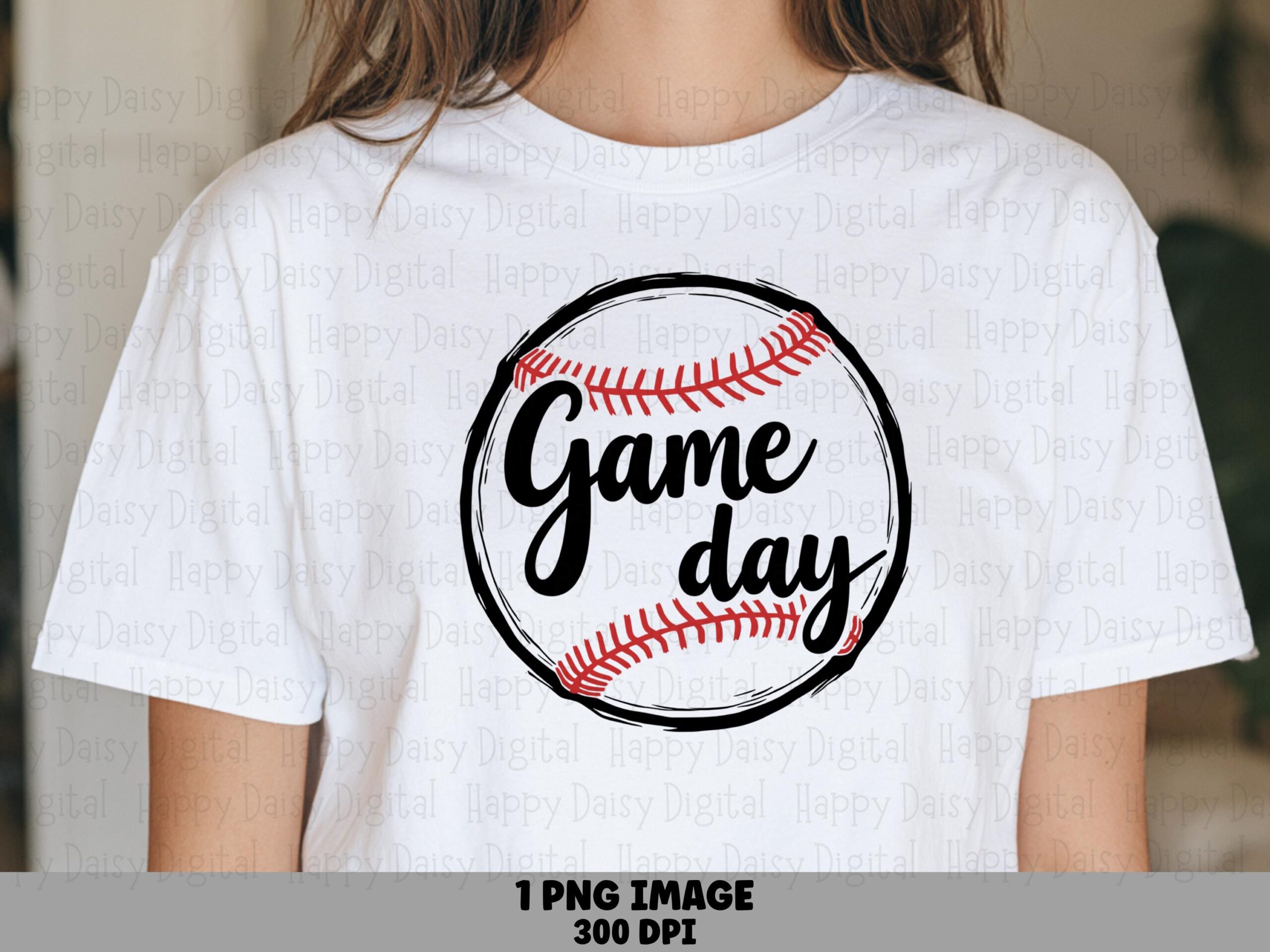 Game Day, Hand-Drawn Baseball Circle PNG | Sublimation Graphic, Red Stitching, Cursive Text, Commercial Use, 300 DPI