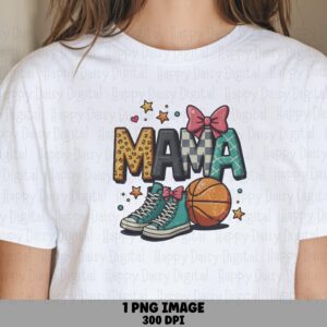 Basketball Mama, Leopard Plaid Sneaker Design PNG | Teal Bow, Orange Ball - Sublimation, Commercial Use