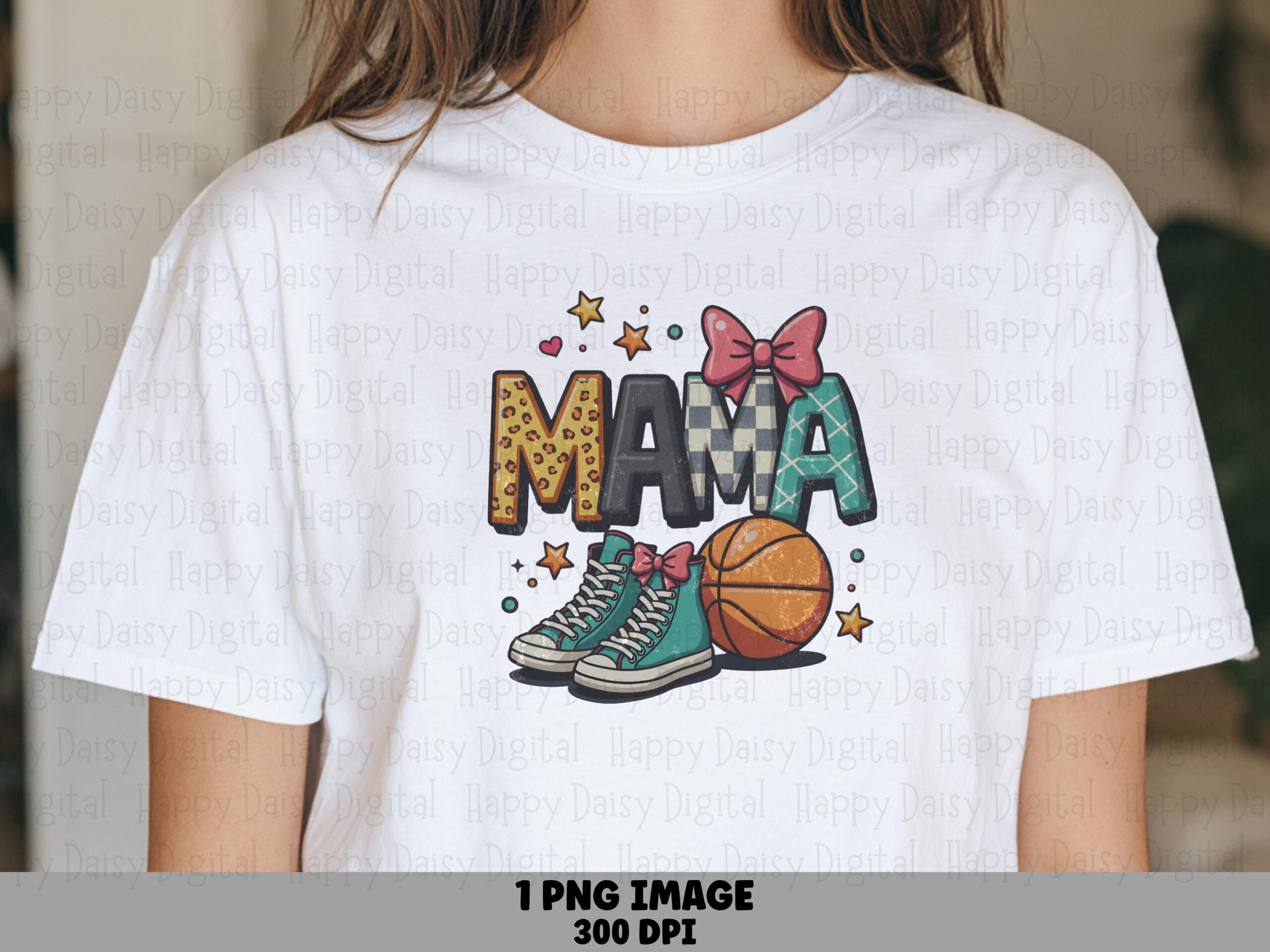 Basketball Mama, Leopard Plaid Sneaker Design PNG | Teal Bow, Orange Ball - Sublimation, Commercial Use