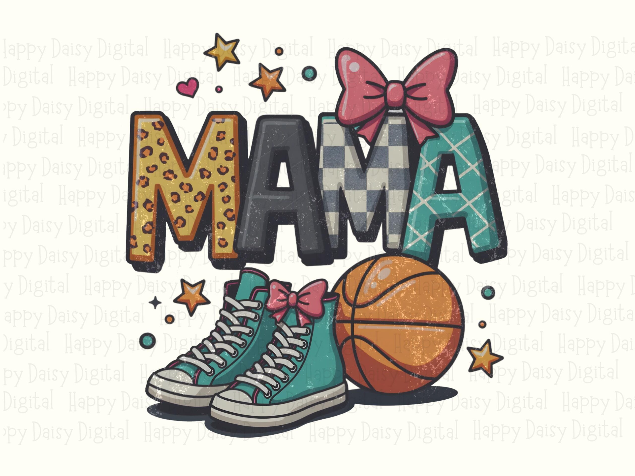 Basketball Mama, Leopard Plaid Sneaker Design PNG | Teal Bow, Orange Ball - Sublimation, Commercial Use - Image 2