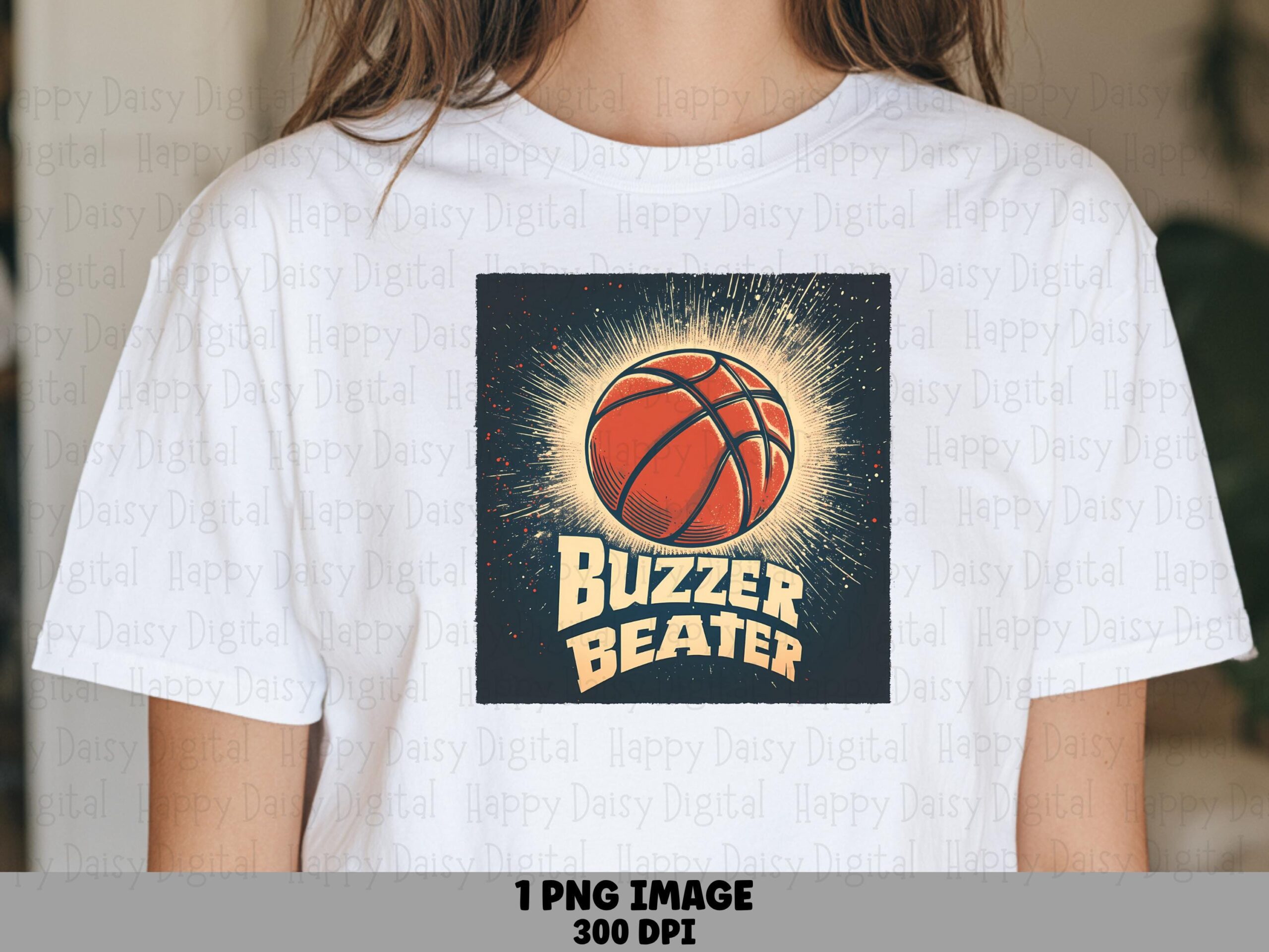 Buzzer Beater, Retro Sunburst Basketball PNG | Sublimation, Commercial License, Navy Cream Badge, 300 DPI