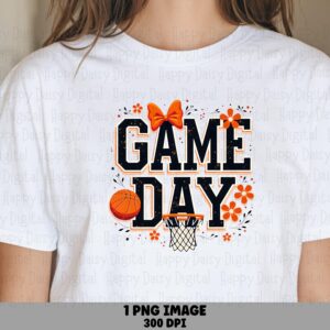 Floral Game Day, Basketball Sublimation PNG - Orange Bow Design | Transparent 300 DPI, Commercial Use