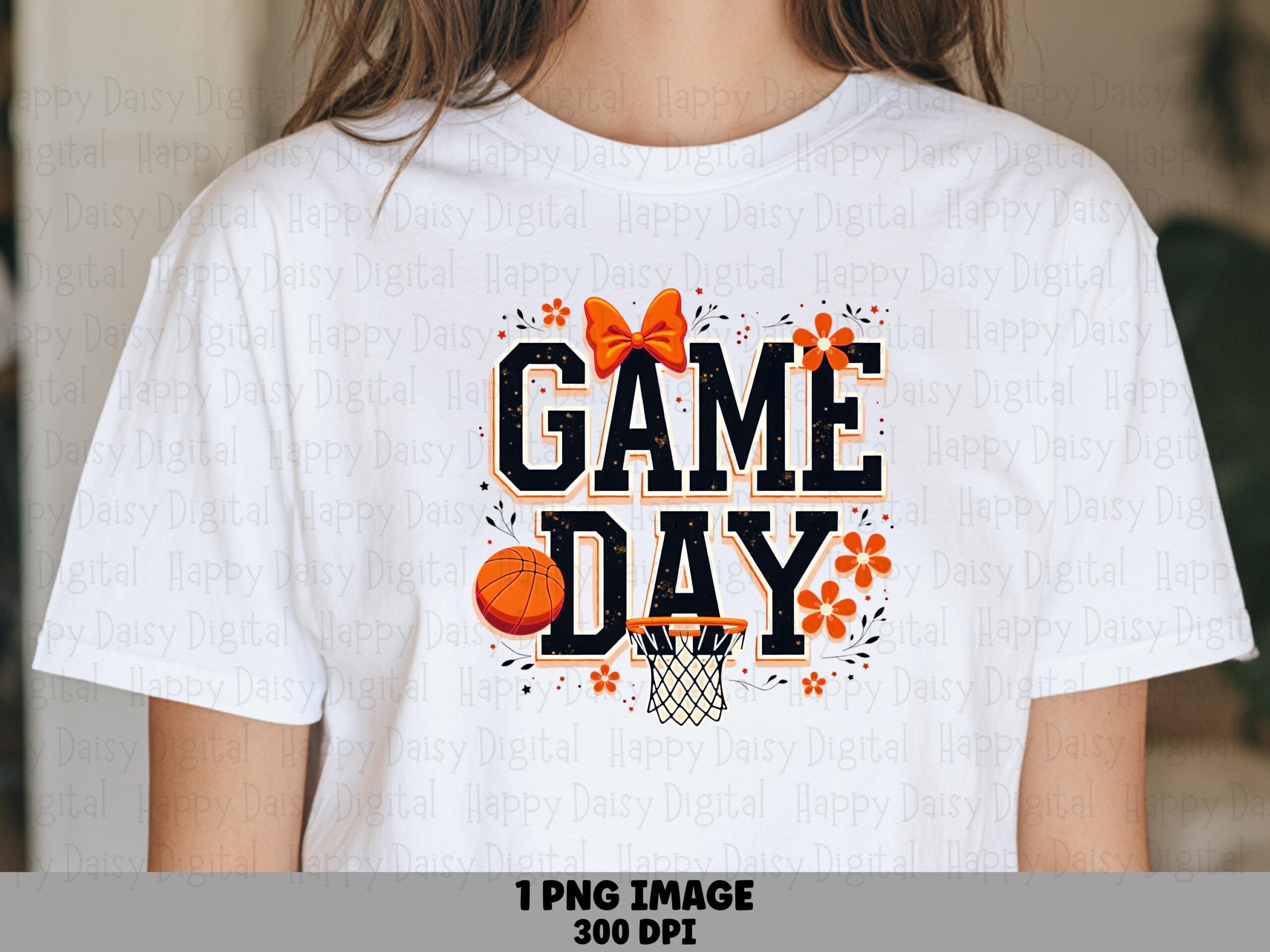 Floral Game Day, Basketball Sublimation PNG - Orange Bow Design | Transparent 300 DPI, Commercial Use
