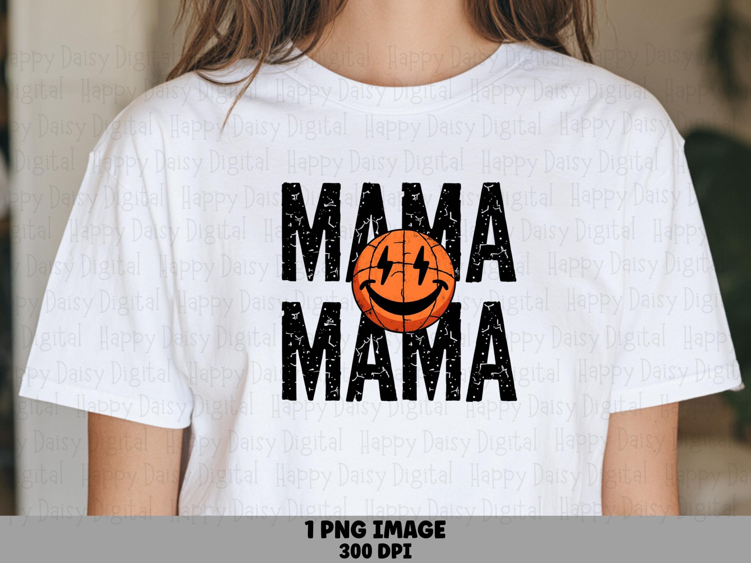 Basketball Mama, Distressed Smiley Design PNG | Sublimation Commercial License | 300 DPI, POD Clipart