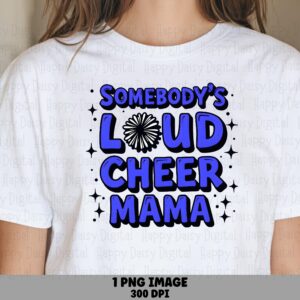 Cheer Mama PNG, Bubble Letter Sublimation Graphic | Blue Pom-Pom Accent | Sparkle Star Details, 300 DPI