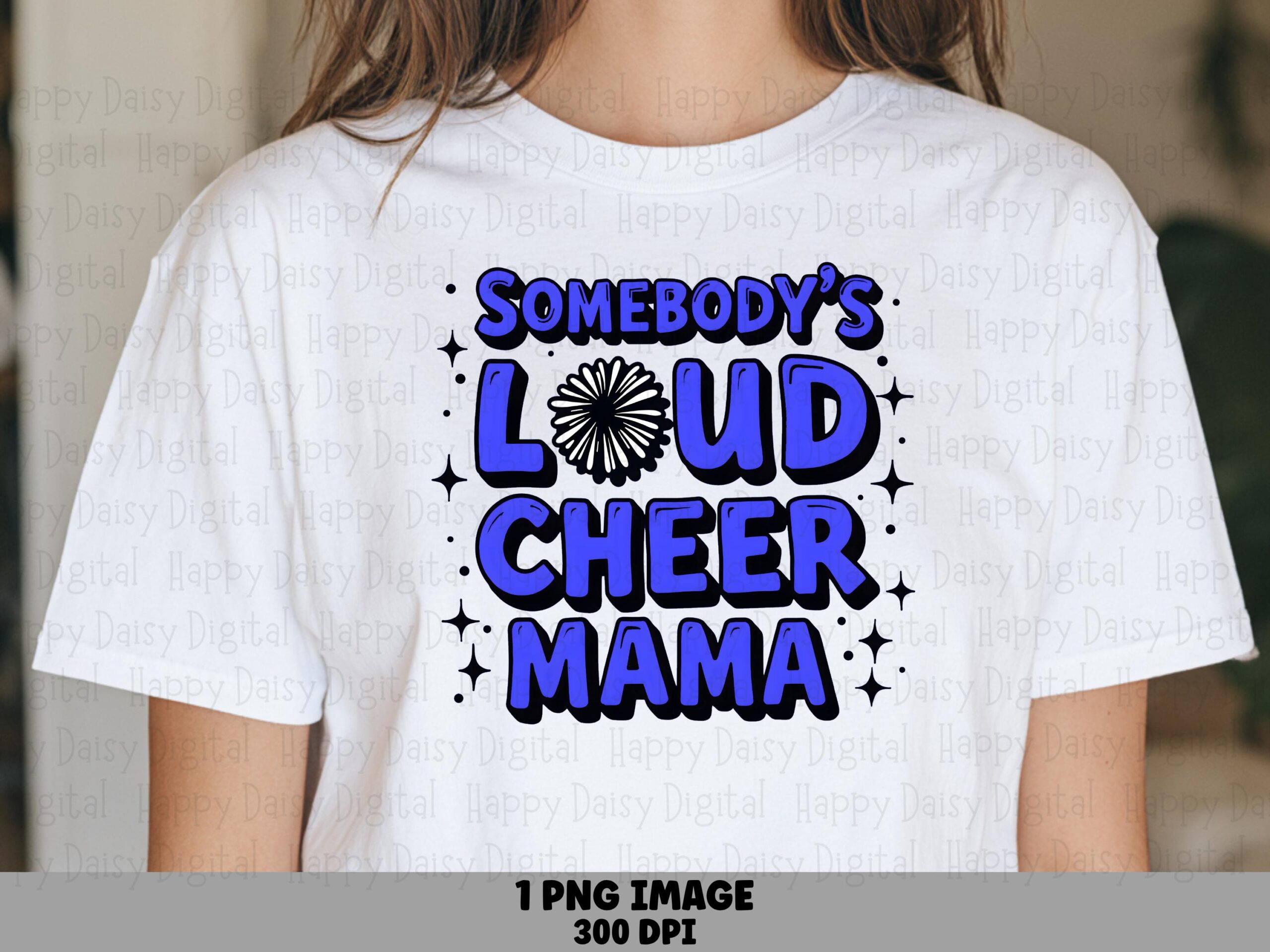 Cheer Mama PNG, Bubble Letter Sublimation Graphic | Blue Pom-Pom Accent | Sparkle Star Details, 300 DPI