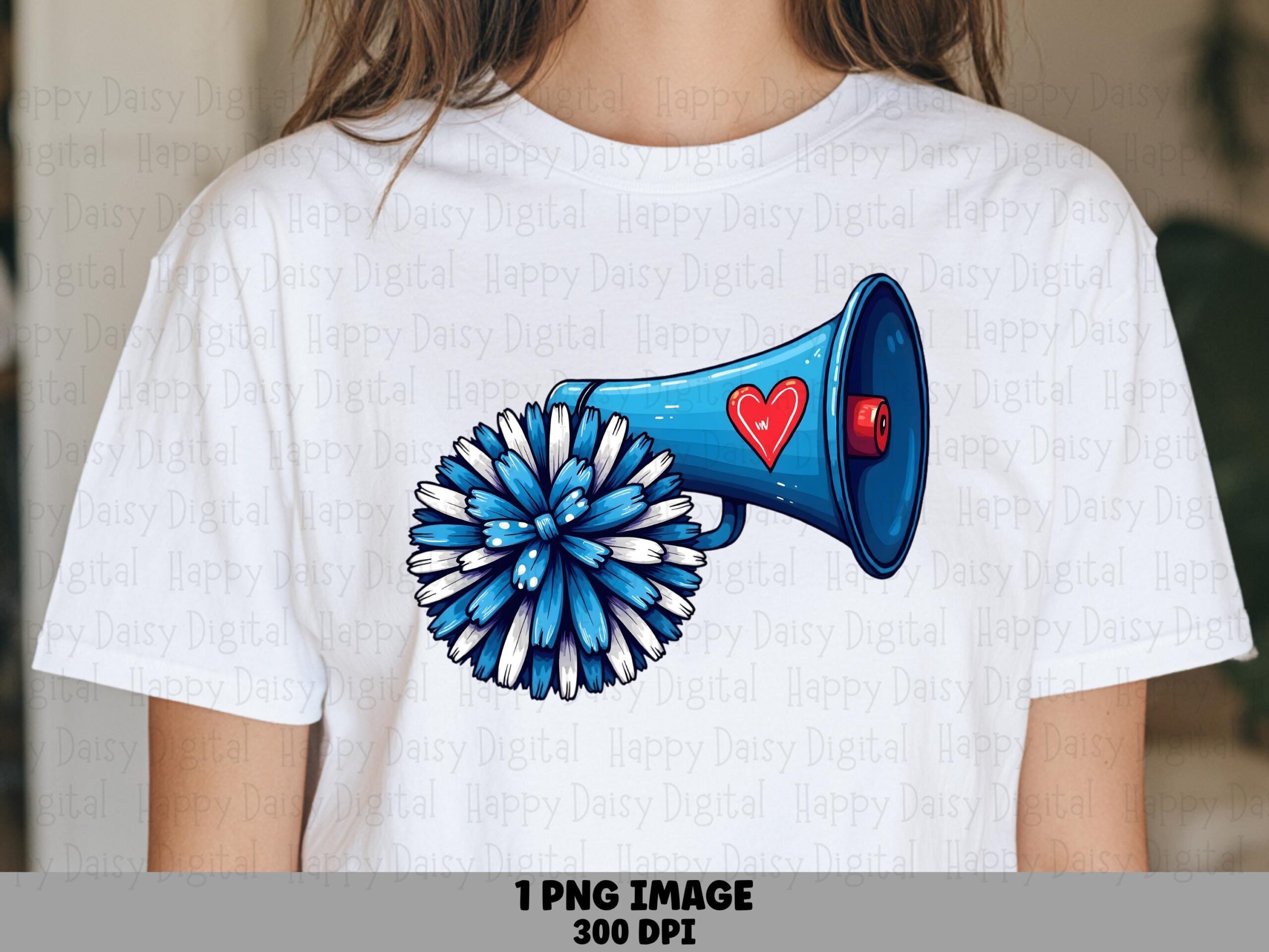 Megaphone, Cartoon Pom-Pom Heart PNG | Blue Red Design, Sublimation Commercial Use, 300 DPI