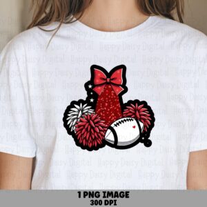 Cheer Pom PNG Design, Red Glitter Megaphone Clipart, Football With Bow | Transparent 300 DPI, Commercial Use