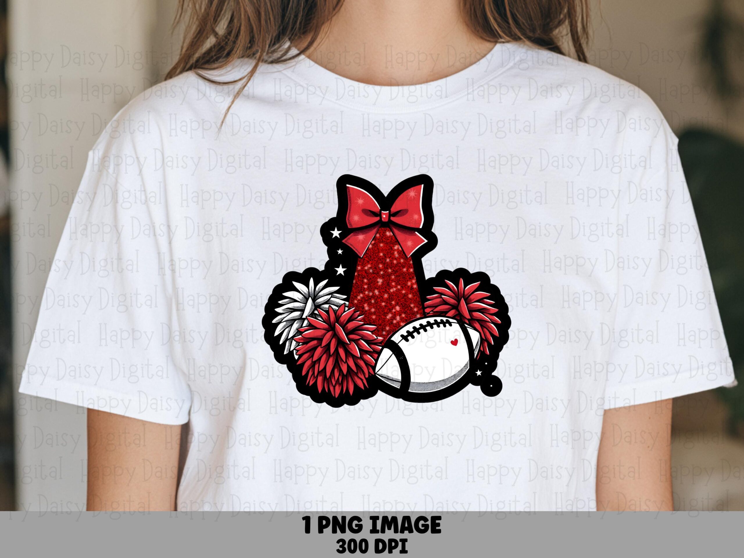 Cheer Pom PNG Design, Red Glitter Megaphone Clipart, Football With Bow | Transparent 300 DPI, Commercial Use