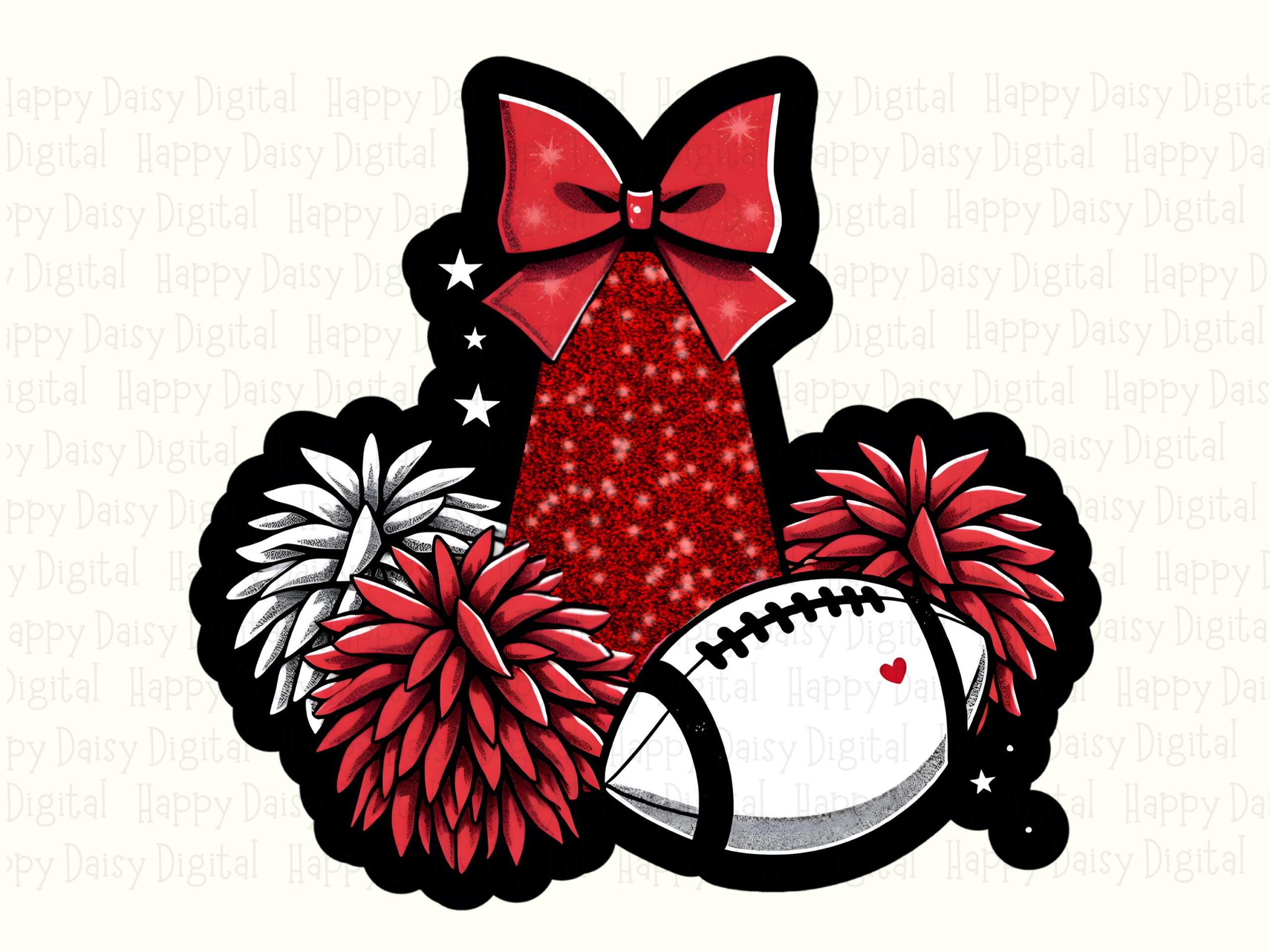 Cheer Pom PNG Design, Red Glitter Megaphone Clipart, Football With Bow | Transparent 300 DPI, Commercial Use - Image 2