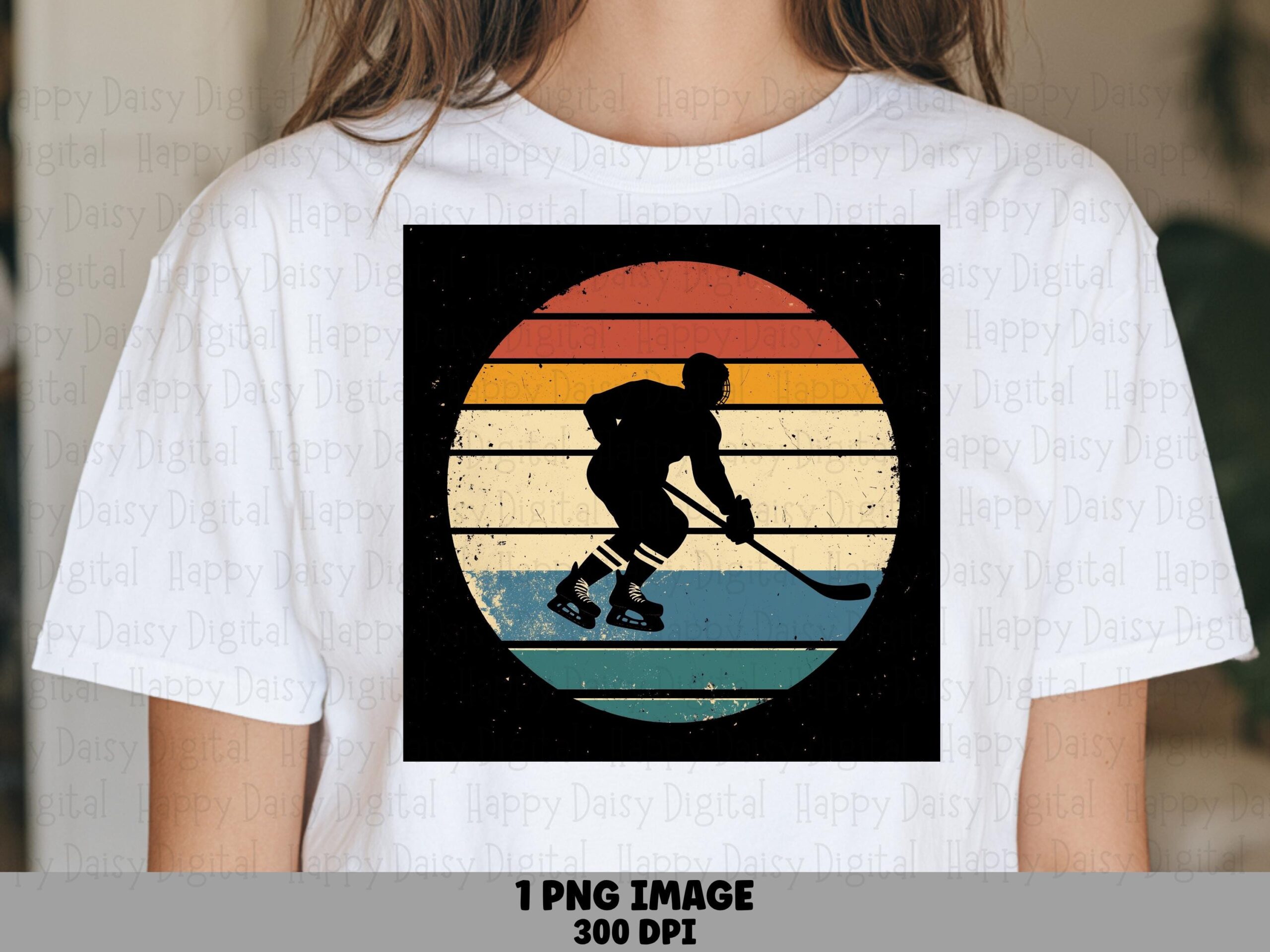 Retro Hockey, Vintage Sunset Silhouette PNG | Sublimation Graphic | Warm Orange Teal Cream, 300 DPI, Commercial Use