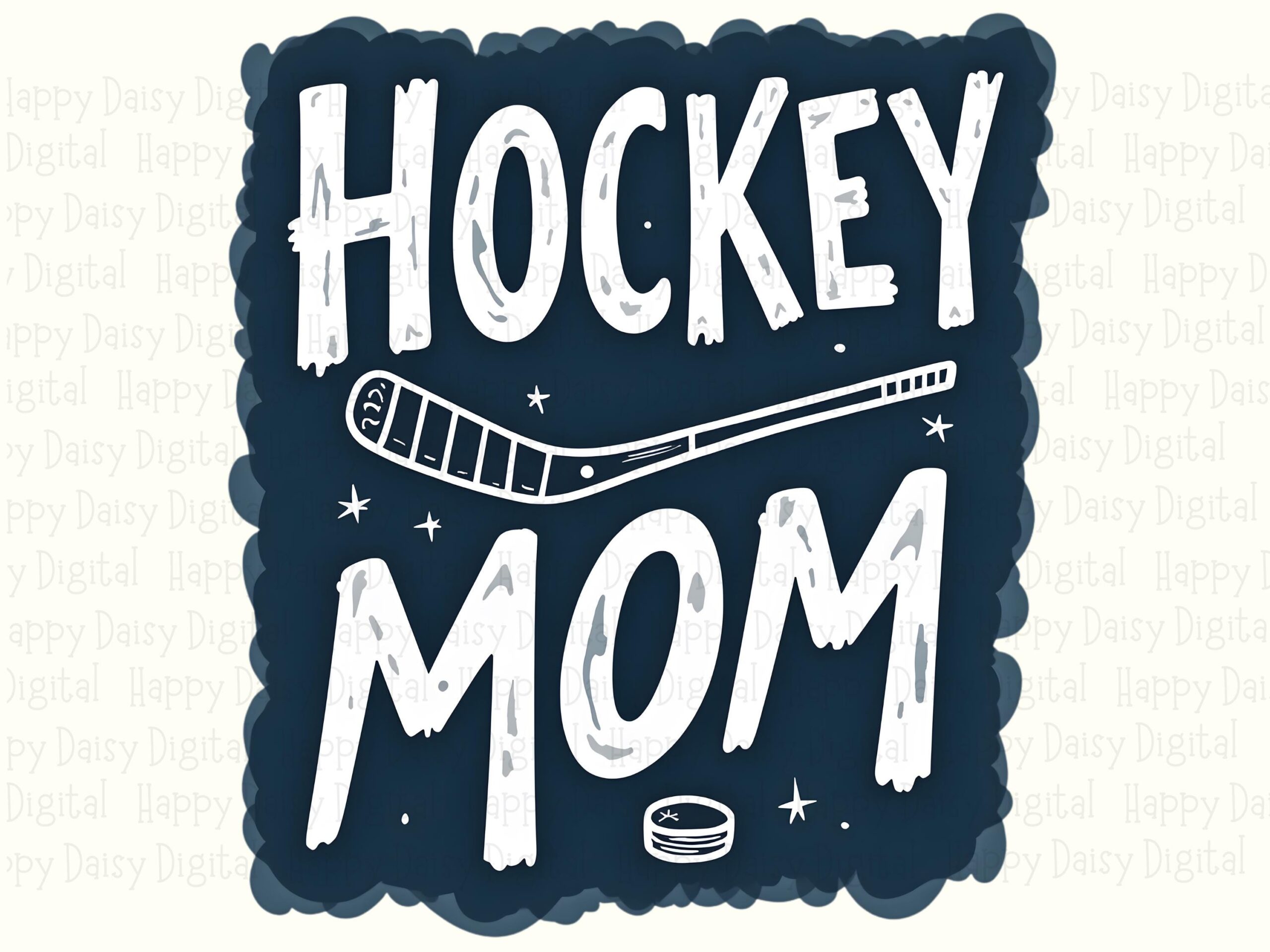 Hockey Mom, Badge PNG, Navy Scalloped Emblem - Distressed Lettering, Stick & Puck Accent, Commercial Use 300 DPI - Image 2