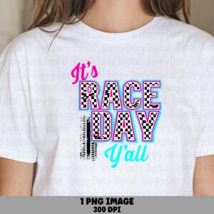 Race Day Yall, Checkered Pink Teal Sublimation PNG | Tire Track Accent | 300 DPI Commercial License