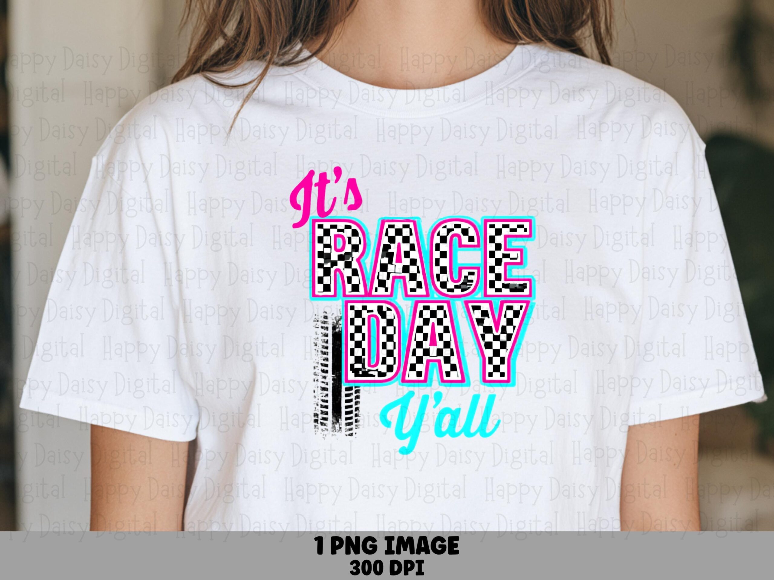 Race Day Yall, Checkered Pink Teal Sublimation PNG | Tire Track Accent | 300 DPI Commercial License