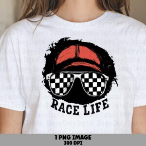 Race Life, Distressed Racing Cap PNG - Checkered Sunglasses Design | Sublimation Clipart, Commercial Use