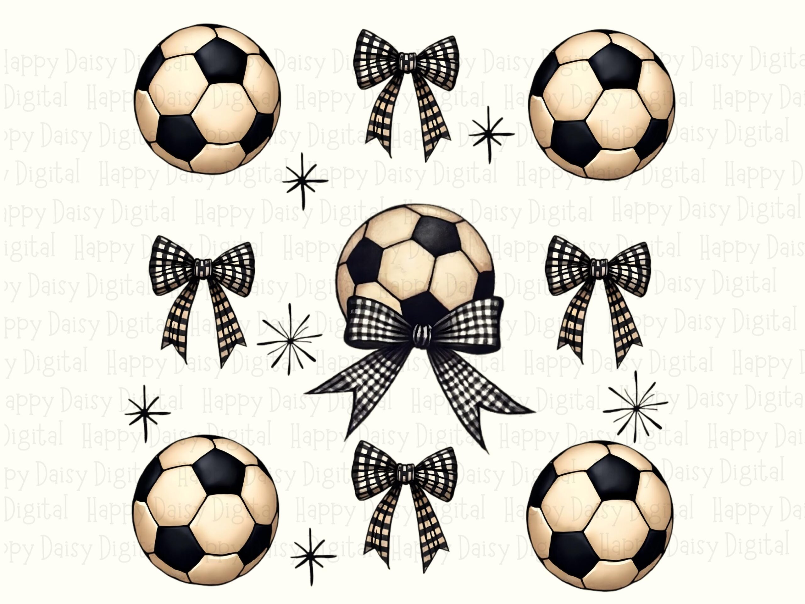 Soccer Balls, Pink Bows Grid PNG | Watercolor Pattern, Sublimation Commercial Use | 300 DPI - Image 2