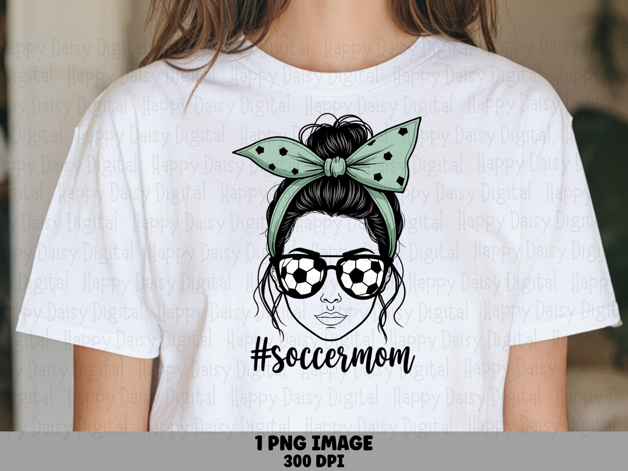 Soccer Mom, Messy Bun Bandana Face, Mint Polka Dot Headwrap | PNG Sublimation File | Ball Sunglasses, 300 DPI
