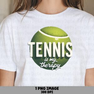 Tennis Therapy, Distressed Ball Graphic PNG, Script Quote Design | Sublimation File - 300 DPI, Commercial Use, POD