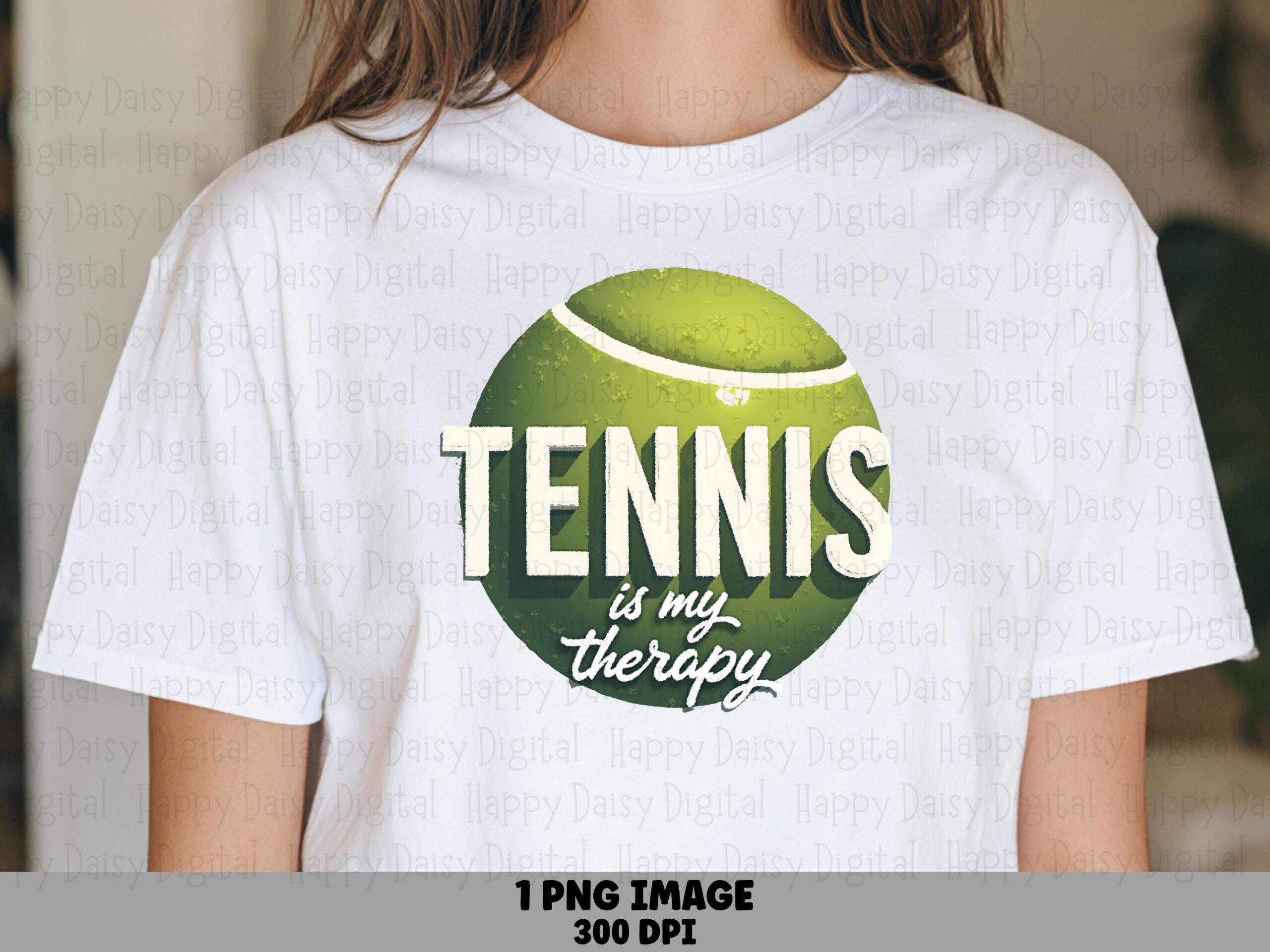 Tennis Therapy, Distressed Ball Graphic PNG, Script Quote Design | Sublimation File - 300 DPI, Commercial Use, POD