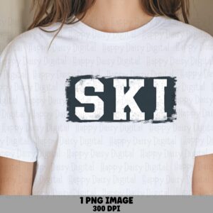 Ski Text, Distressed Block PNG | Sublimation Design, Commercial Use, White Letters On Dark Rectangle, 300 DPI