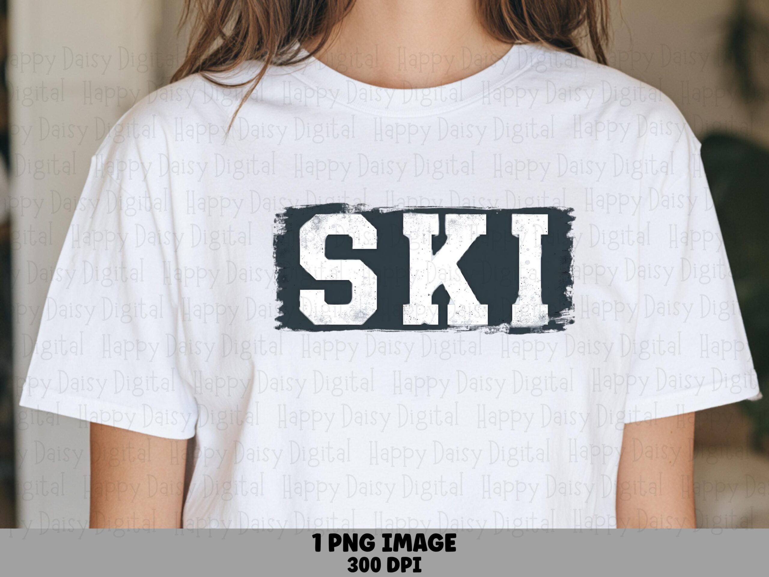 Ski Text, Distressed Block PNG | Sublimation Design, Commercial Use, White Letters On Dark Rectangle, 300 DPI