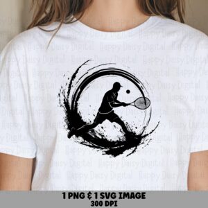 Tennis Silhouette, Brush Swirl Player PNG, SVG | Black Graphic, 300 dpi Print-Ready, Cricut Friendly, POD Use