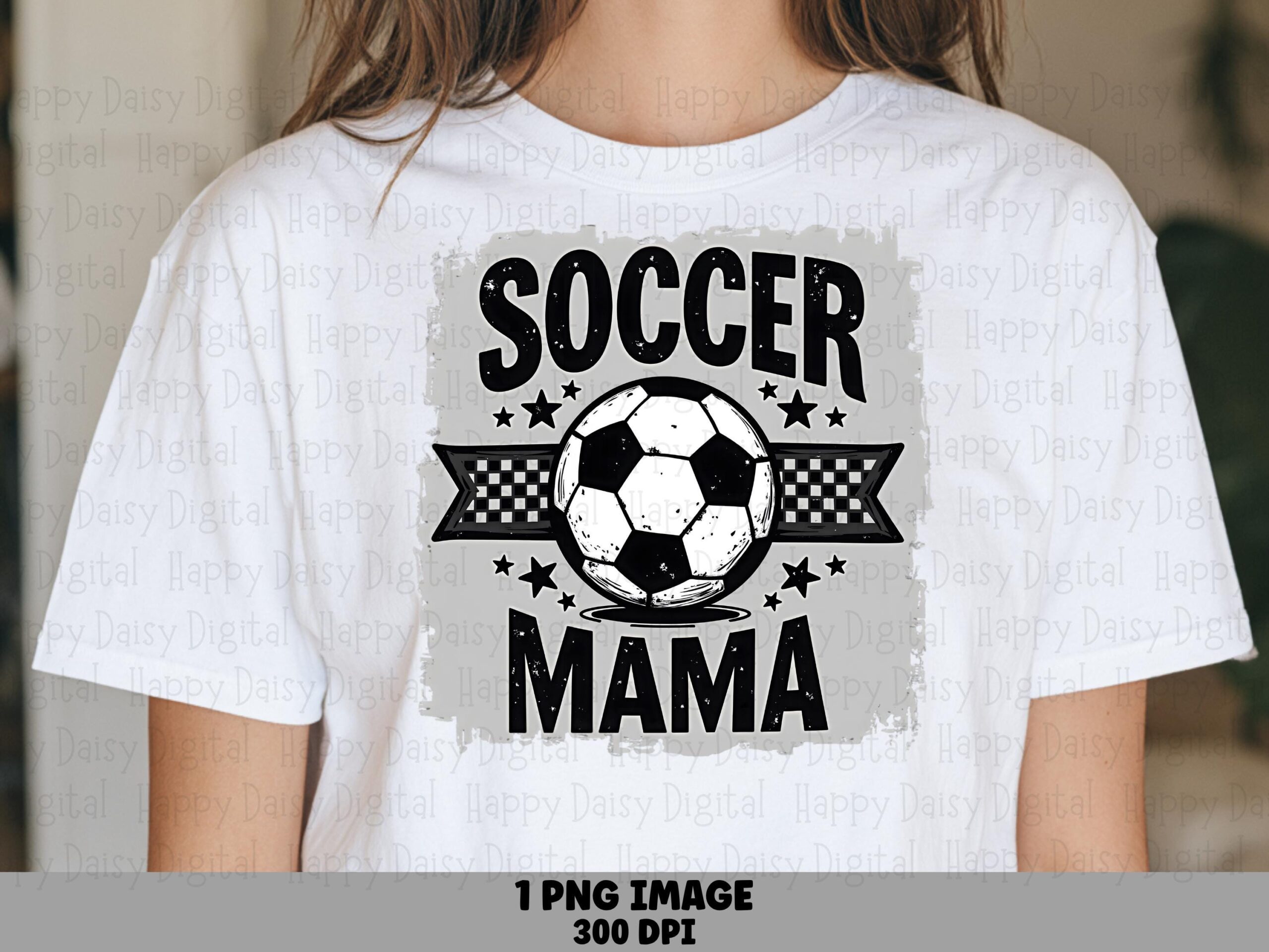 Soccer Mama, Distressed Banner PNG | Checkered Ball Graphic | 300 DPI, Commercial Use, Grungy Gray Patch Background