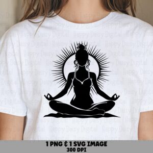 Meditation, Lotus Pose Silhouette PNG SVG | Black Sun Rays Design, Sublimation Commercial Use, Clipart